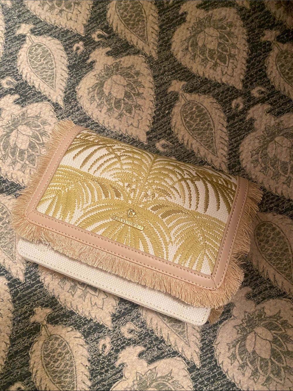 Spartina 449 Palm Jacquard Fringe Crossbody in Gold & Beige